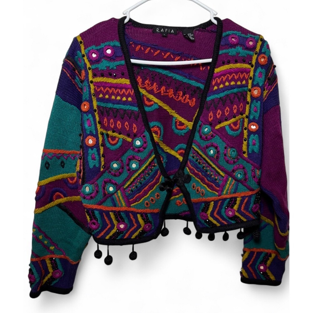 Rafia Vintage Cropped Cardigan Sweater Multi Color Beaded Pom Pom Frog Closure